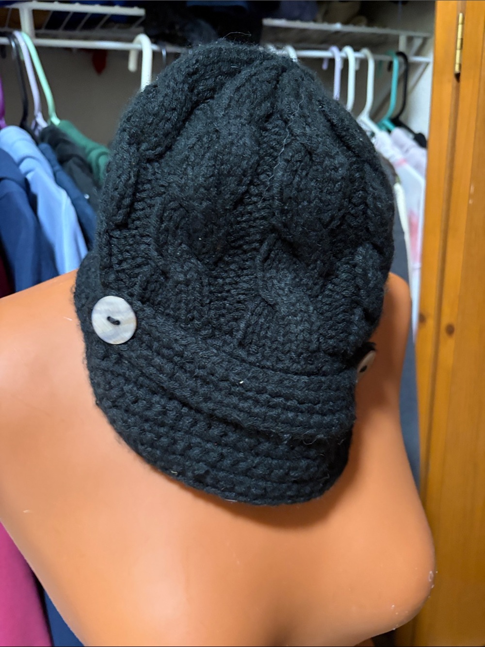 Merona Black Cable Knit Visor Beanie with Button Accents